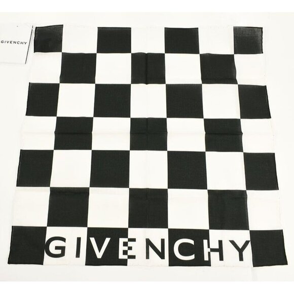 GIVENCHY Black White CHECKERED Logo Cotton Scarf Italy NWT